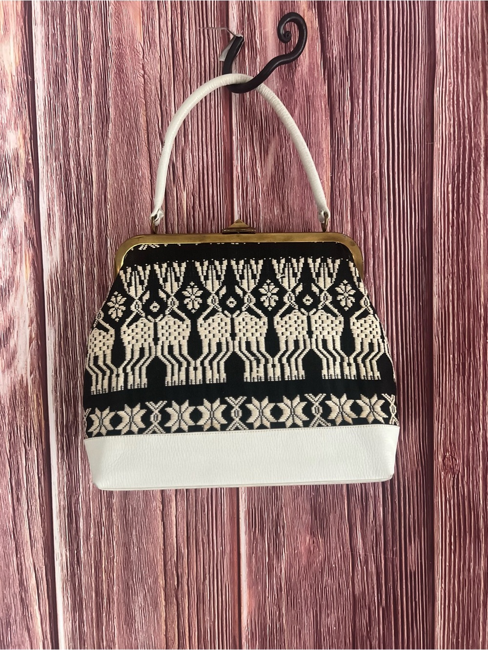 Vintage Woven Pattern Black and White Top-Handle Bag with gold metal clasp